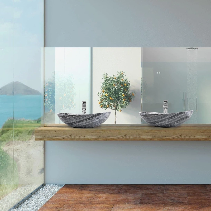Natural Stone Bathroom Vessel, Ancient Wood Marble, Grey with Black Veins (2)