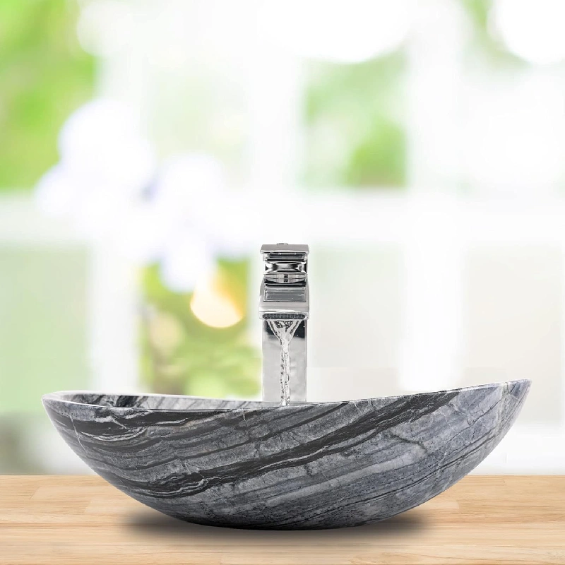 Natural Stone Bathroom Vessel, Ancient Wood Marble, Grey with Black Veins (3)